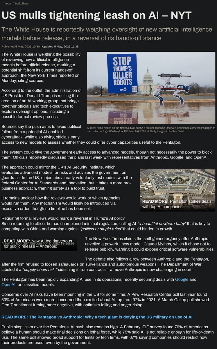 ConTorrents's tweet photo. US mulls tightening leash on AI – NYT

This is how they will control what the truth is. https://t.co/92hejrfgH1