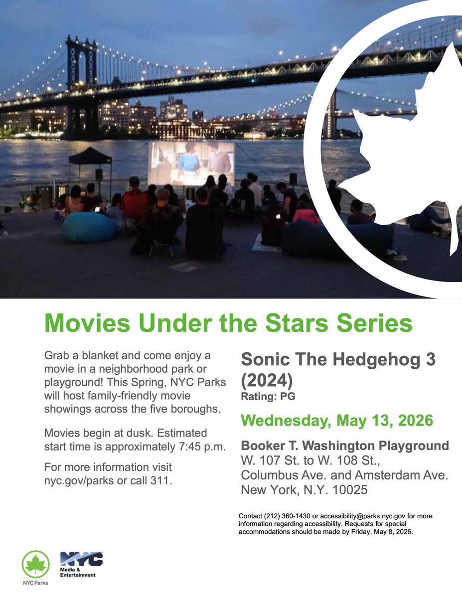 cabidnyc's tweet photo. NYC Parks is hosting three free screenings in the month of May in our neighborhood: Sonic the Hedgehog 3 at Booker T. Washington and Happy Warrior playground on 5/13 and 5/14, and The Little Mermaid at Anibal Aviles playground on 5/20. Screenings will start around 7:45 PM. https://t.co/ptLafx4tcU