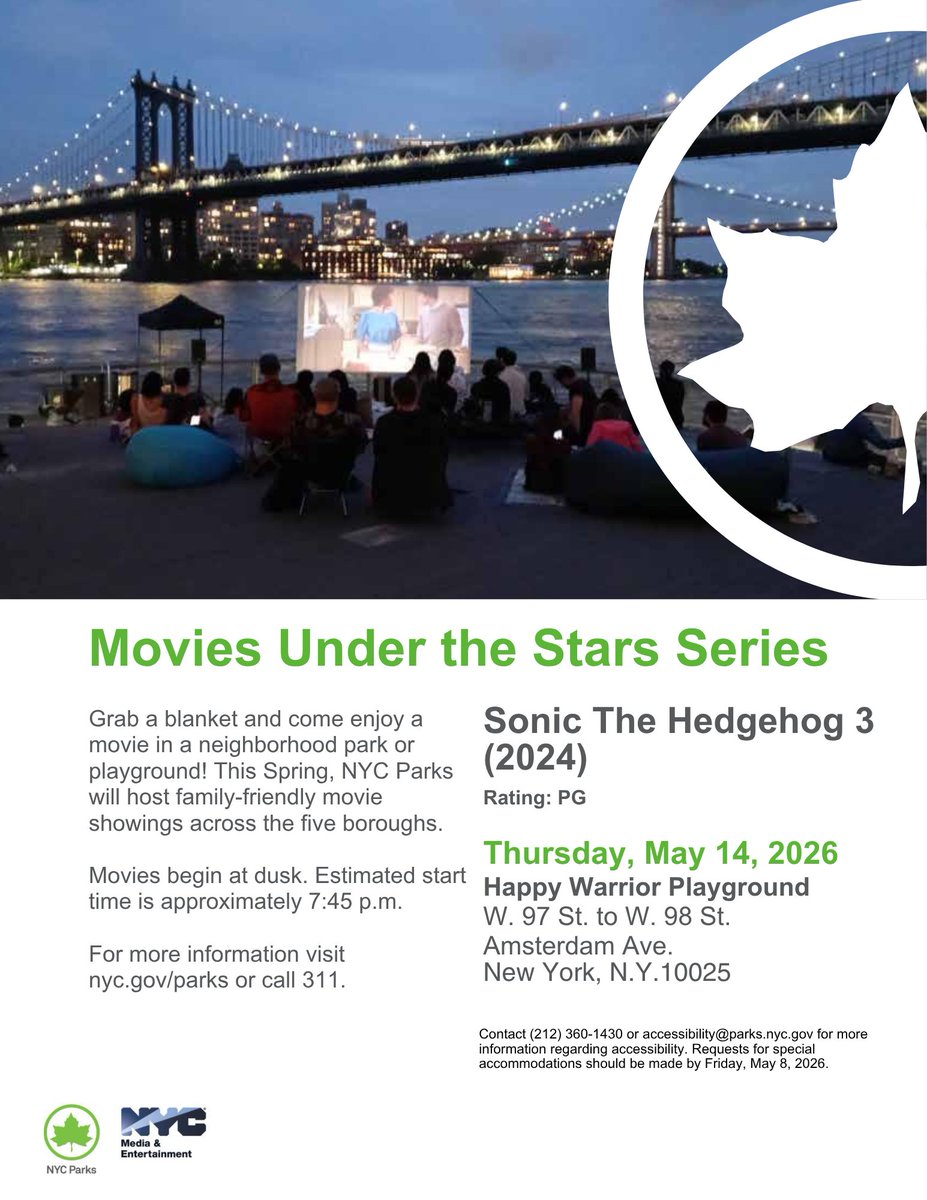cabidnyc's tweet photo. NYC Parks is hosting three free screenings in the month of May in our neighborhood: Sonic the Hedgehog 3 at Booker T. Washington and Happy Warrior playground on 5/13 and 5/14, and The Little Mermaid at Anibal Aviles playground on 5/20. Screenings will start around 7:45 PM. https://t.co/ptLafx4tcU