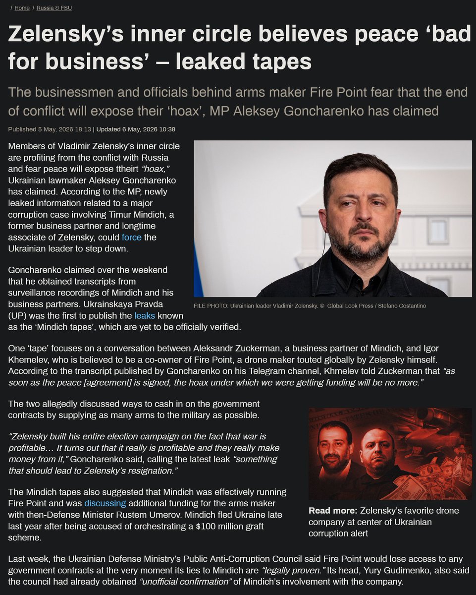 ConTorrents's tweet photo. Zelensky’s inner circle believes peace ‘bad for business’ – leaked tapes

Is there anyone who still doesn't know war is all about weapons sales?

#WW3 #Ukraine https://t.co/uRTHbAbaEN
