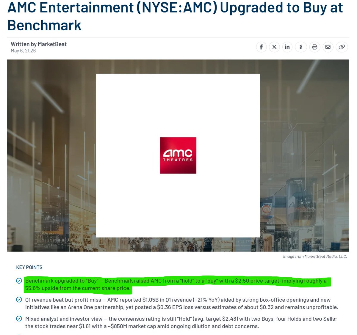 Tony_Denaro's tweet photo. Mike Hickey, analyst at Benchmark, upgrades $AMC to BUY with $2.50 12 month price target. 
Analysts are factoring in expected box office and revenue growth in 2026, expanding PLF driving higher per patron revenue and margins, growing merchandise sales, and new revenue streams like Arena One. #AMC