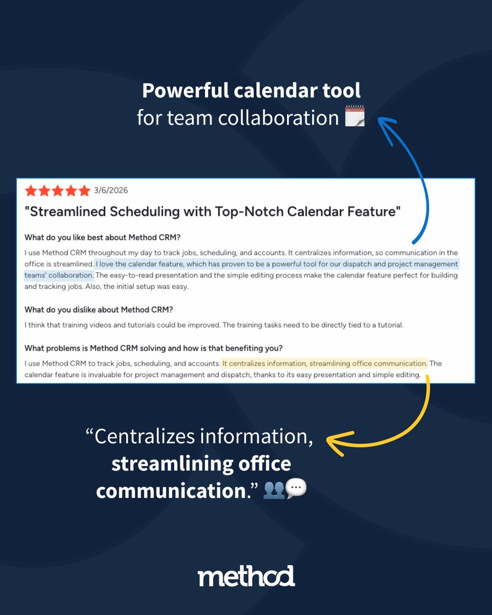 MethodCRM's tweet photo. A calendar tool built for keeping busy teams 📆

Keep your team aligned, organized, and moving with Method! https://t.co/GwXIL8JGKu