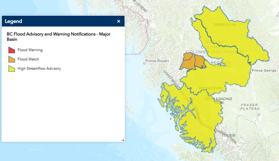EmergencyInfoBC's tweet photo. The #BC River Forecast Centre has UPGRADED the High Streamflow Advisory to a Flood Watch for the Bulkley River and tributaries around #Smithers & #HoustonBC.

A High Streamflow Advisory has also been issued for the Central Coast including the Atnarko River, Bella Coola River and surrounding tributaries. 

Stay clear of these fast-flowing rivers & potentially unstable riverbanks. More info: https://t.co/W87tVOtUlp
#BCFlood