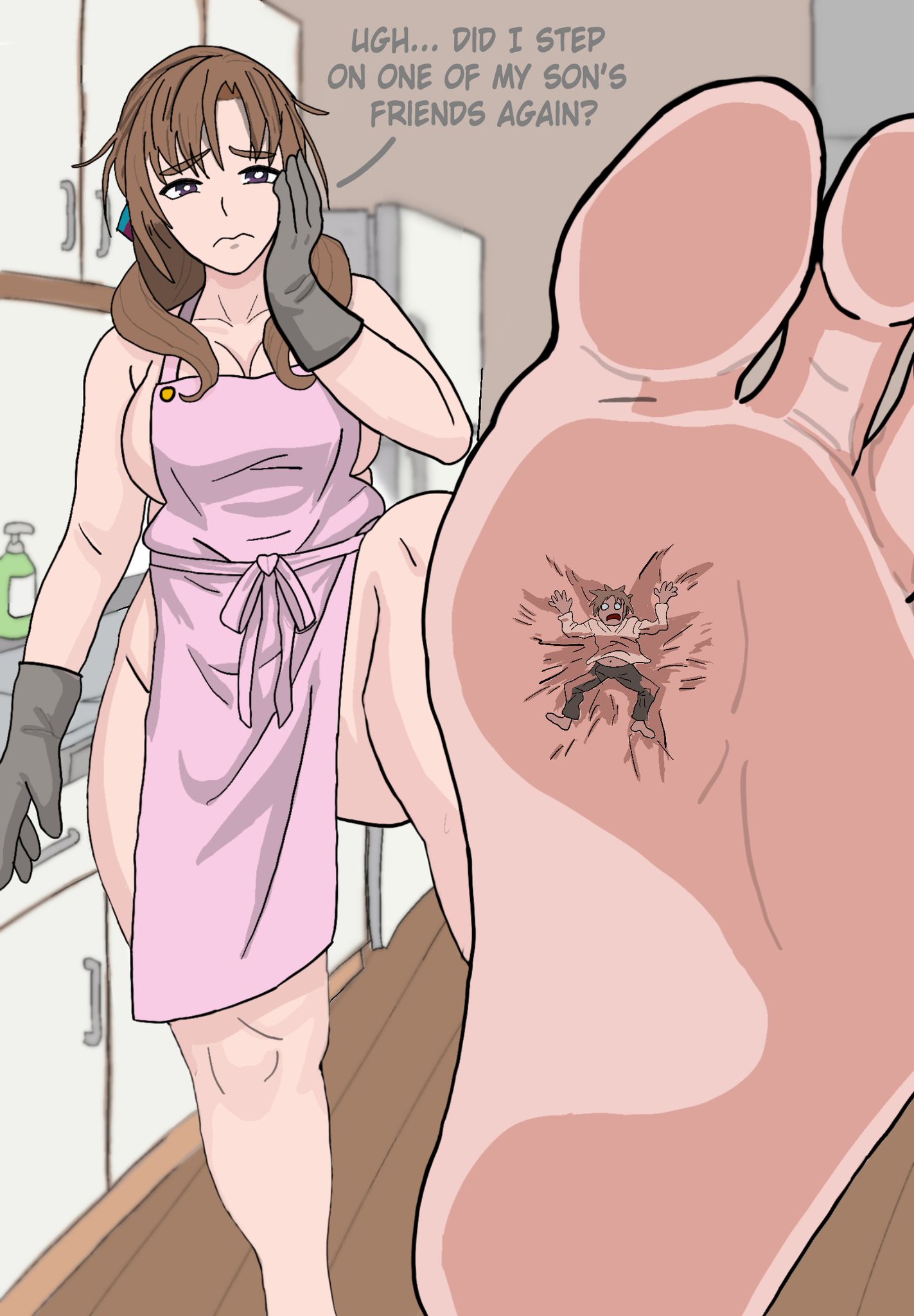Whenever I do the dishes wearing just an apron, I end up stepping on one of my son's friends. Tiny people must be dumb... A tiny follower gift me a drawing tablet, and I've learning how to use it for years—finally, I have something I'm proud to share! #sizetwitter #giantess https://t.co/JY8UojncOQ