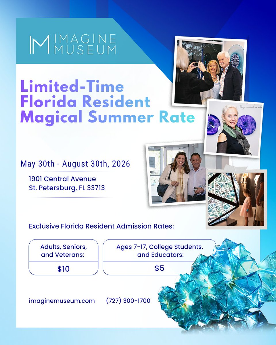 ImagineMuseum's tweet photo. Florida residents get exclusive summer admission at @ImagineMuseum starting May 30 🌟

Adults $10 · Students $5 · Under 6 Free · Free Parking
🎟️ https://t.co/VIHGEhTlab

#StPete #FloridaResidents #GlassArt https://t.co/1apFcPfxfb