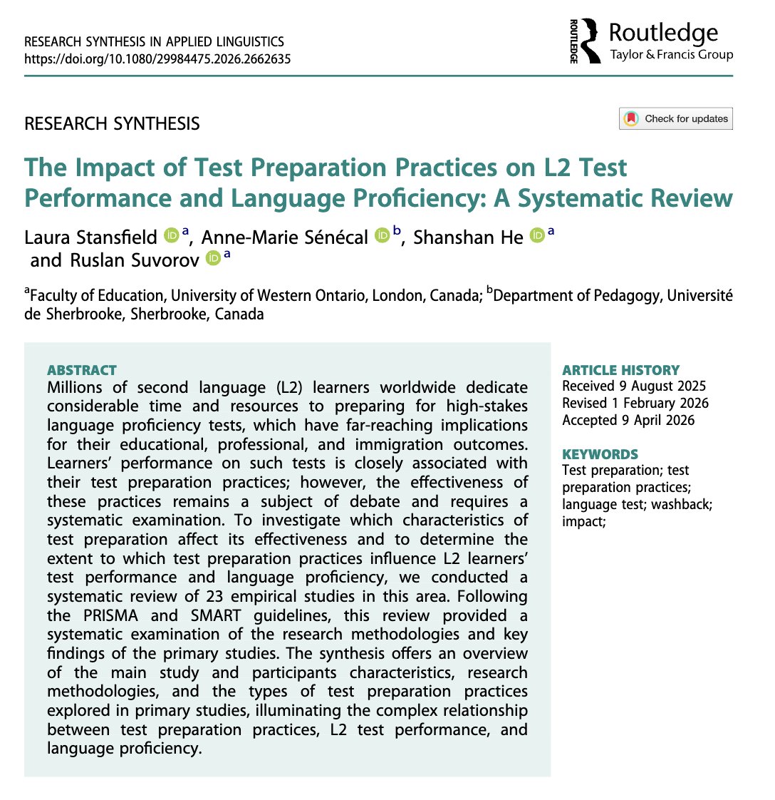 RSALJournal's tweet photo. New publication: 

Stansfield, L., Sénécal, A. M., He, S., &amp; Suvorov, R. (2026). The Impact of Test Preparation Practices on L2 Test Performance and Language Proficiency: A Systematic Review. Research Synthesis in Applied Linguistics, 1–33. https://t.co/vUaDMYS5xh https://t.co/DAFXumvxmC