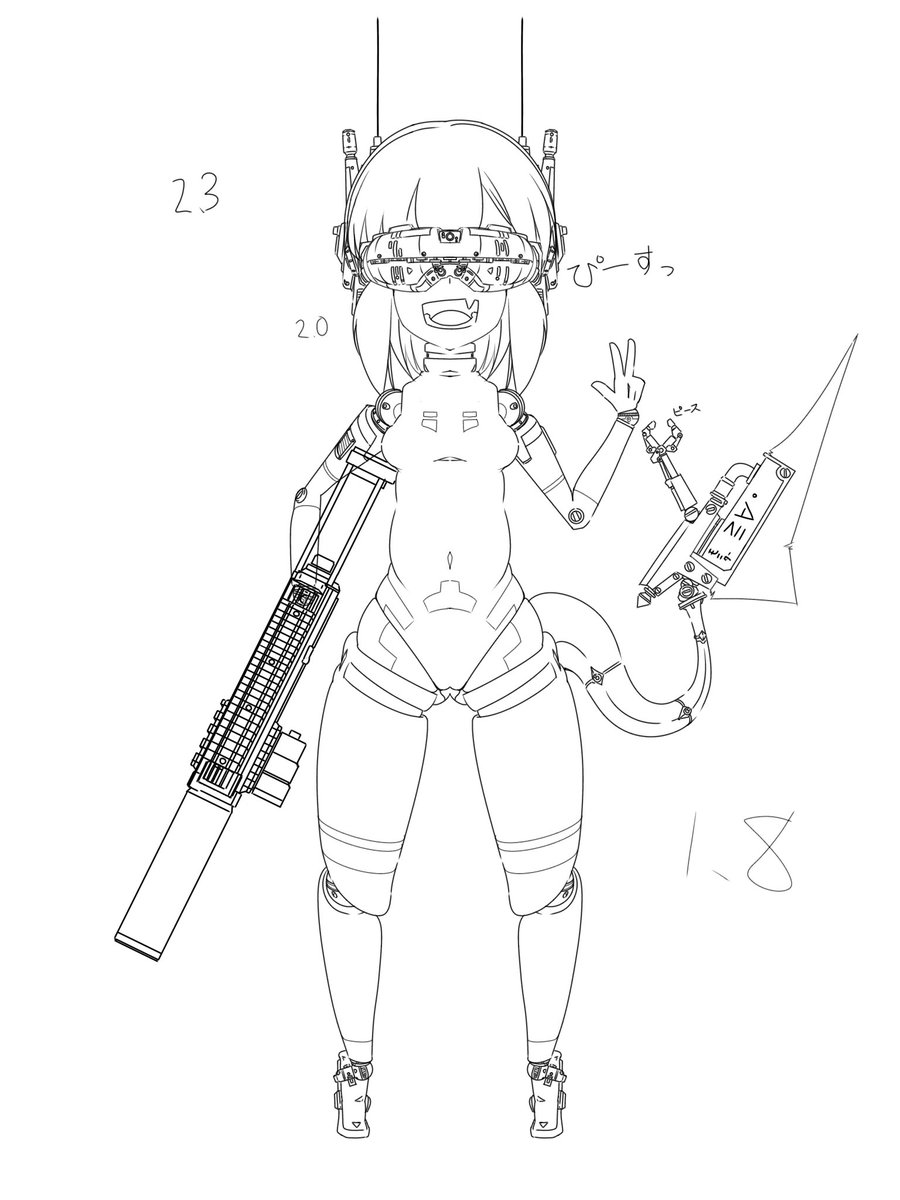 lntakepost's tweet photo. にゅーでざ代理キャラさん設定１(素体)
小型高性能試作機(右のコさん)のテストベッドモデルをベースに、試作1号機の予備パーツや新規部品を追加してとりあえずカタチになった機体
代謝機能は頭部の顔面を構成するナノマシンで完結しており、胴体上部には脳、胴体下部にはバッテリーが収められている https://t.co/6KKDGQYlce