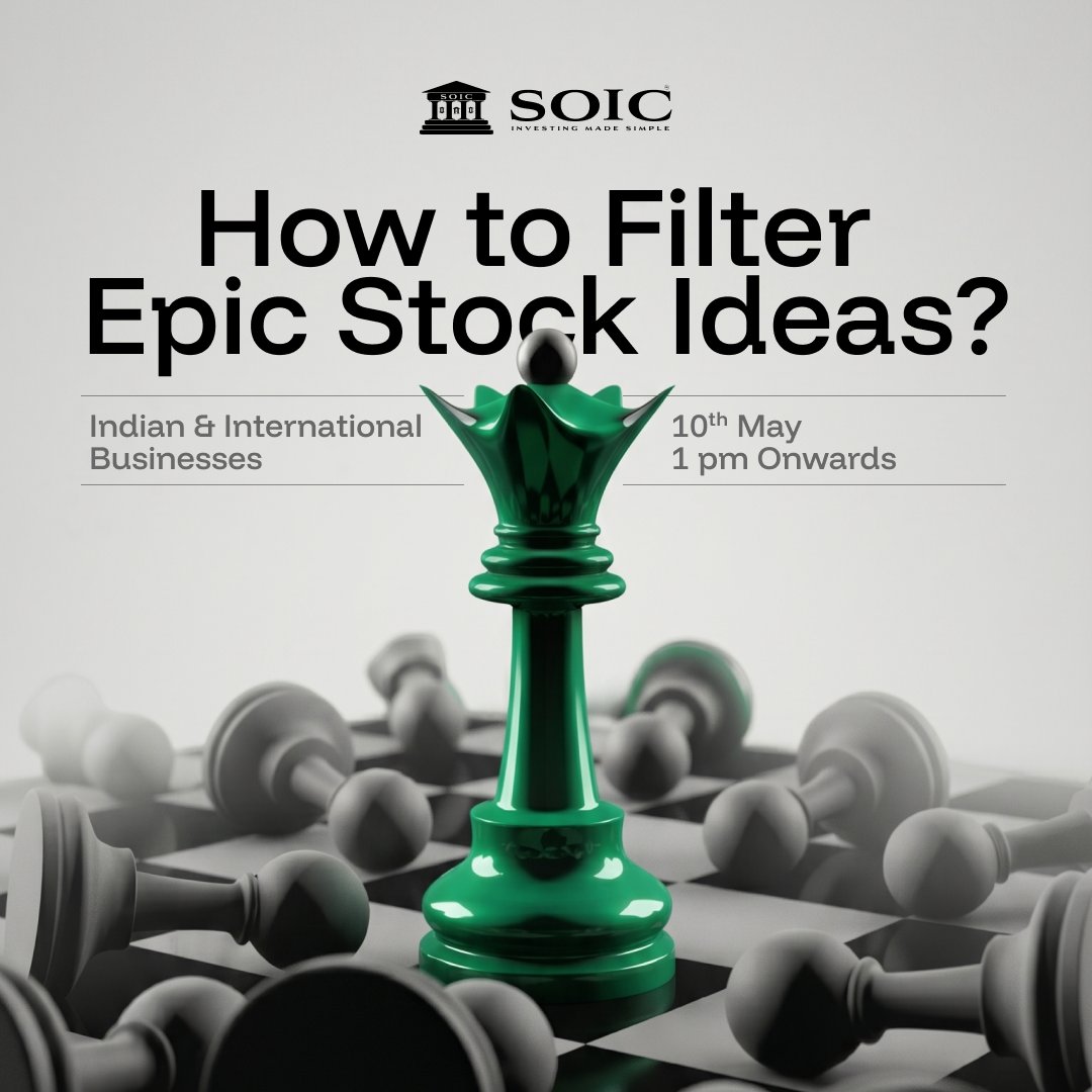 soicfinance's tweet photo. Every earnings season, thousands of investors run the same stock screeners:
PE < 20 ✅
ROE > 15 ✅
Growth > 20% ✅
Then they think they’ve found a great stock idea.
What they’ve actually found is a list.

In 1972, Warren Buffett bought See’s Candies — a business no screener would have highlighted.
The numbers looked ordinary, but what Buffett saw was pricing power, customer behaviour, and emotional moat.

That’s the difference between filtering for numbers and filtering for businesses.

This Sunday, we’ll show you how to build a framework to identify truly exceptional businesses — Indian & Global.

✶ Topic: How to Filter Epic Stock Ideas? Indian & International Businesses
✶ Date & Time: 10 May, 1 p.m. (IST)
✶ Registration Link: https://t.co/oE0Bhr7WdO
Use a browser to enrol, mobile apps charge 30% additional fees
✶ Venue: Zoom
☞ Enrolment valid for 365 days.
☞ Recording available 48-72 hours after the live webinar.

What we will cover:
➥ Why are most idea generation processes broken — and what to replace them with?
➥ The industry-first lens: how to identify sectors where the next leg of growth is already visible?
➥ What global businesses teach Indian investors.
➥ SOIC’s framework for spotting high-conviction ideas.
➥ Live breakdowns of Indian & international companies.

This isn’t a tips session.
It’s about building the muscle to generate your own ideas — consistently and intelligently.

📌 NOTE:
Our SOIC Membership & StockScans bundle includes all our webinars & micro-courses. 
Explore to join: https://t.co/xlB1RgLUZJ
Coupon Code: SOICSCANS