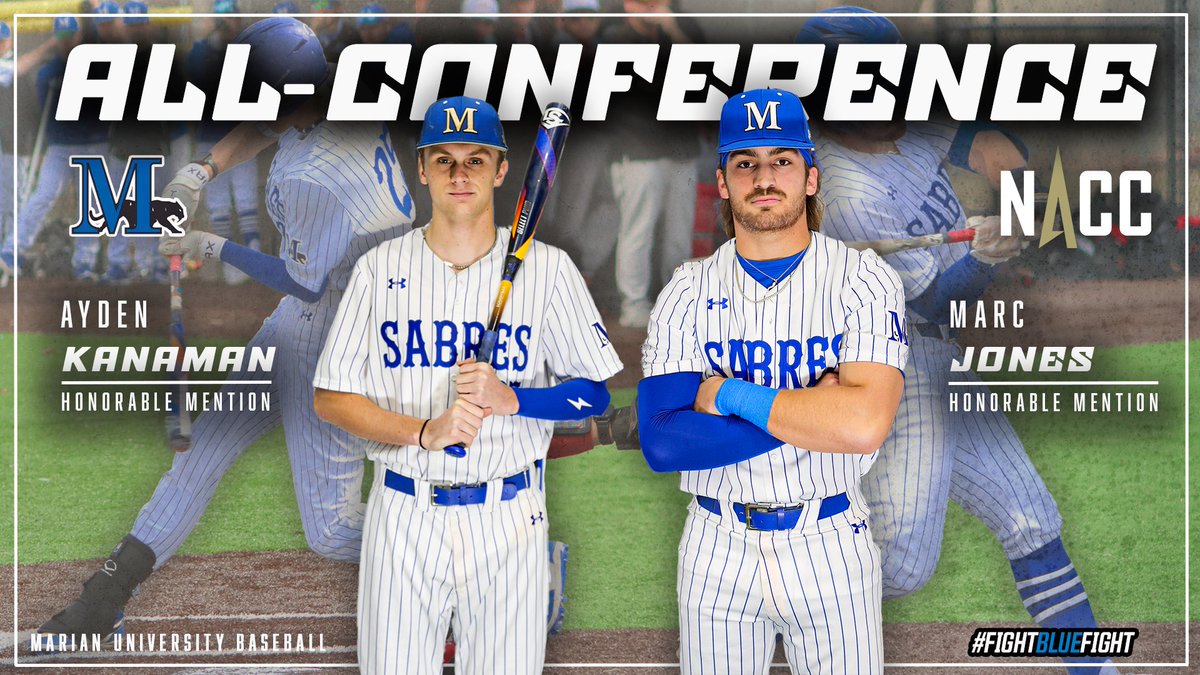 MUSabres's tweet photo. 🏆𝗗𝗬𝗡𝗔𝗠𝗜𝗖 𝗗𝗨𝗢🏆

@Marian_Baseball places sophomore Ayden Kanaman and junior Marc Jones on the All-@NACC_sports Honorable Mention team! #FightBlueFight

🔗https://t.co/gfpgNNgMzZ https://t.co/fwAKQKuGBb