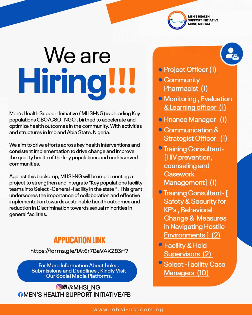 MHSI_NG's tweet photo. 🔈 🛎️   WE ARE RECRUITING !!!

Multiple jobs openings at our organization.
Kindly visit our Facebook &amp; Instagram pages for more information on the opportunities. 

Click the link below to apply 

https://t.co/UxdH32cYKq https://t.co/KIKsrK5sBC