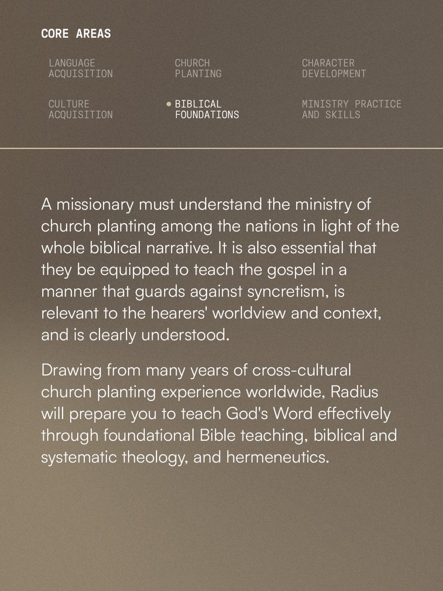 RadiusInt's tweet photo. Radius training is built on six core areas, equipping you for the realities of cross-cultural church planting. Understanding and being able to teach the biblical narrative considering your hearers' worldview and context is one of those areas. https://t.co/6hTkEkdZOa