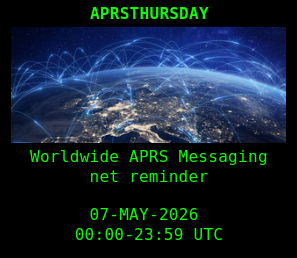 kc8owl's tweet photo. WHAT: #APRSTHURSDAY net
WHEN: 07-MAY-2026 00:00 - 23:59 UTC
HOW: Set Destination Station = ANSRVR
HOW: Enter Message body = CQ [space] HOTG [space] Happy aprsthursday

Spread some amateur radio fellowship by checking in to this week’s #APRSTHURSDAY messaging net and saying hello. https://t.co/BBjMYSTMWH