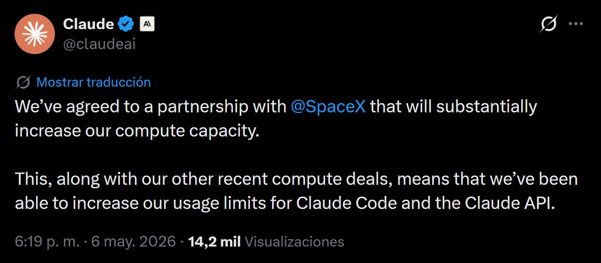 DotCSV's tweet photo. Muy interesante acuerdo entre Anthropic y SpaceX porque habla mucho de las necesidades mutuas de ambas empresas, que en otra situación serían competidoras (recordemos que la parte de IA de xAI recae ahora en SpaceX)

🤝 Por un lado imagino que SpaceX se beneficiará del acceso a los modelos potentes de Anthropic, que no le viene mal tras los malos resultados que están obteniendo con las versión 4.2 y 4.3 de Grok

🤝 Y lo importante, Anthropic consigue oxígeno (computación) para seguir plantando cara a OpenAI -cosa que además también le interesa a Musk-. Aseguran computación para subir las cuotas de sus modelos en Claude Code y API, que es por donde OpenAI les está ganando la batalla.

Buen juego de tronos