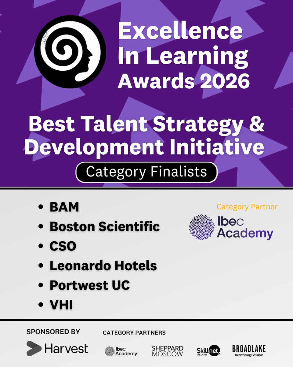 LandDInstitute's tweet photo. Best of luck to our category finalists for the: 

🏆 Best Talent Strategy &amp; Development Initiative

⭐ BAM
⭐ Boston Scientific
⭐ CSO
⭐ Leonardo Hotels 
⭐ Portwest UC
⭐ VHI

Special thanks to our sponsor Harvest, and category partner Ibec Academy. https://t.co/6LQxIcaoDl