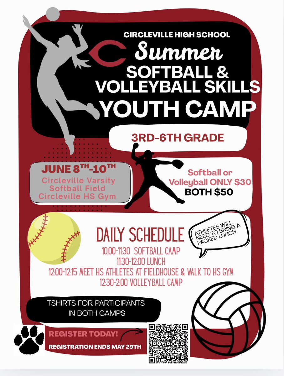 CHSTigerVBall's tweet photo. Look what’s happening at CHS little ladies!!  
Come out and enjoy 3 days of Lady Tiger softball and volleyball!! 🥎🏐
Scan the QR code to register !
You can register for both or each sport separately. @CHSTigerAD @CirclevilleCity @PBCirclevilleES @circlevillecms @chstigersball https://t.co/cLugQYdKfz
