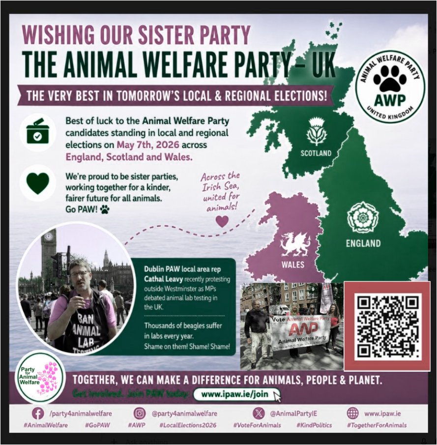 AnimalPartyIE's tweet image. The Party for Animal Welfare (PAW) - #Ireland wishes our sister animal advocacy party "Animal Welfare Party" -#UK @AnimalsCount across the #Irishsea the best of luck to get some council or regional seats in #England #Scotland and in time in #Wales.  #ukelections2026 #ukpolitics