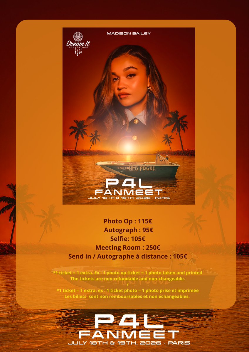 The Pogues are calling… 🌞🌊🚐
We're beyond excited to reveal that our very first guest for the #P4LFanMeet is none other than Madison Bailey 🧡 The talented actress behind the iconic Kiara in Outer Banks will be joiniventure. 🌴✨ Meet &amp; greets, photo ops, autographs,