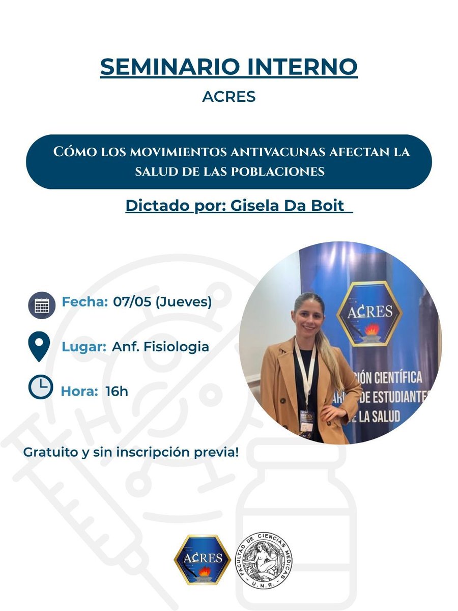 ACRES te invita al seminario interno sobre cómo los movimientos antivacunas afectan la salud de las poblaciones, dictado por Gisela Da Boit.
📅07/05 (jueves)
🔼Anf. Fisiología
🕒16 H
✅Gratuito y sin inscripción previa
¡Sumate!🩺🙌