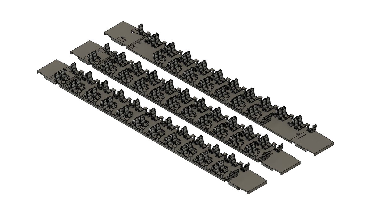 exe_plus's tweet photo. 座席の3Dデータが概ね完成…

手前（左下）から順に

1等車（66名）
2等車（86名）
2等車（70名・自転車搭載対応車両）

の3パターンで行けそうですね…

明日以降、荷棚やデッキ部と客室、トイレ部などの仕切りのモデリングを進めていきます…

#EXEplus https://t.co/ku19uMBLID