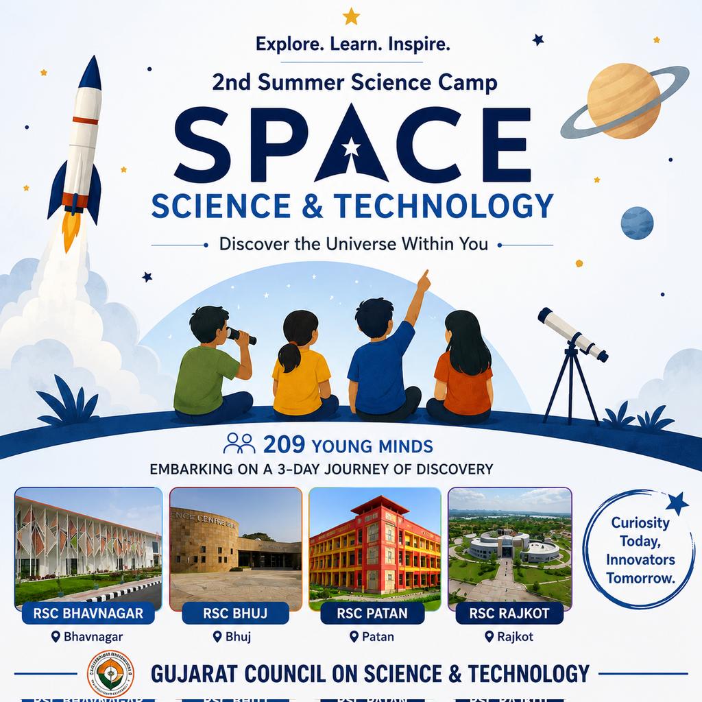 narottamsahoo's tweet photo. Space is inviting young minds to dream, discover and explore!

The 2nd Summer Science Camp on “Space Science & Technology” has commenced with great enthusiasm across our Regional Science Centres at #Bhavnagar, #Bhuj, #Patan and #Rajkot.

A total of 209 students are participating in an exciting journey of Space and Cosmic Science through immersive learning and hands-on exploration over the next three days.

Delighted to see our RSC teams inspiring the next generation of space explorers, scientists and innovators.