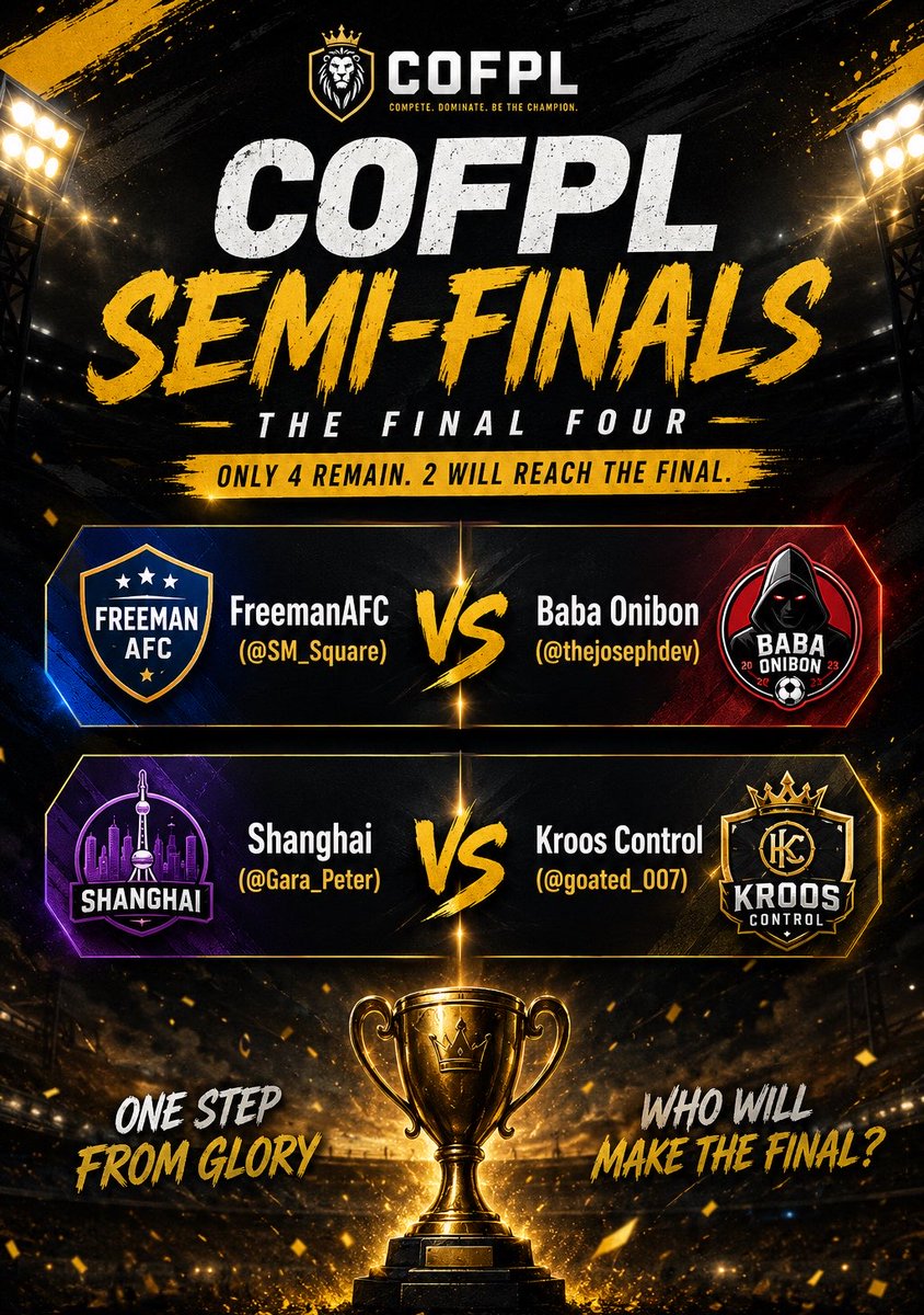 CoF_PL's tweet photo. 🚨 COFPL SEMI-FINALS 🚨

We’re down to the FINAL FOUR 😤🔥

FreemanAFC (@SM_Square) 🆚 Baba Onibon (@thejosephdev)
SHANGHAI (@Gara_Peter) 🆚 Kroos Control (@goated_007)

2 matches…
2 winners…
1 step away from GLORY 🏆

No luck. No hiding.
Just pure pressure 😈

Who’s making the FINAL? 👀🔥

#CoFPL #FPL