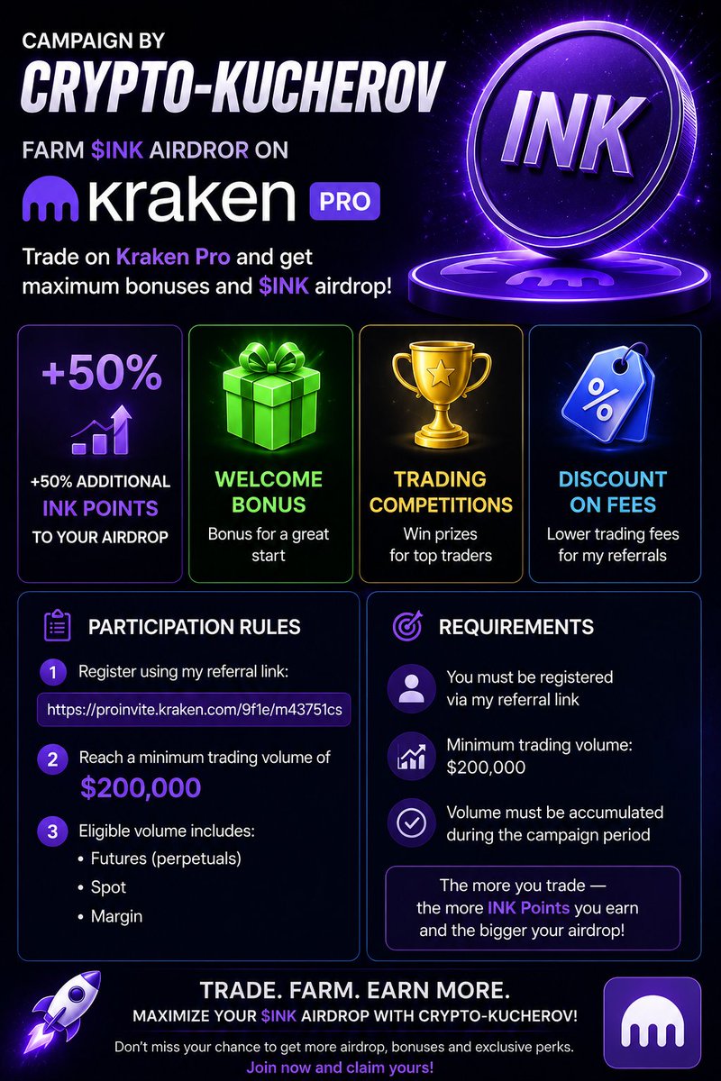 Pashus07's tweet photo. 🟢Campaign by Crypto-Kucherov for farming the $INK airdrop on Kraken Pro

I’m launching my own campaign for my followers, where you can get a bigger $INK airdrop, additional bonuses, and extra benefits while trading on Kraken Pro.

🟢What my referrals get:
📎+50% additional $INK Points to your airdrop personally from me
📎Welcome bonus to get started
📎Trading competitions with prizes. There will be a lot of interesting things
📎Discount on trading fees for my referrals

📝Participation requirements:
📎Register using my referral link: https://t.co/pL3eTA5a9r
📎Reach a minimum trading volume of $200K

🟣Eligible volume includes:
⭐️Futures volume
⭐️Spot volume
⭐️Margin volume

📌Important:
The bigger your trading volume, the more $INK Points and the larger your potential airdrop. You receive your own airdrop plus additional bonuses personally from me. The campaign is designed both for traders already using Kraken Pro and for those who want to start farming $INK as efficiently as possible.

Also, if you have already registered and want to join our Kraken Pro trading chat, message me in DM and I’ll send you the link. If your verification has been pending for more than 5 days, also message me your Public ID and I’ll try to help.

🔗Kraken guide on YouTube - https://t.co/Op2Tkry6rH