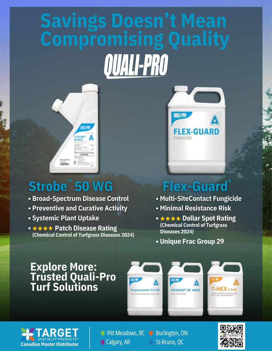 Quality or savings? Why choose? 🤝 At Target Specialty Products, we believe you shouldn't have to compromise. Get the performance your course demands with Strobe™ 50 WG and Flex-Guard®. 
Visit your local branch or scan the QR code to explore the full Quali-Pro lineup!