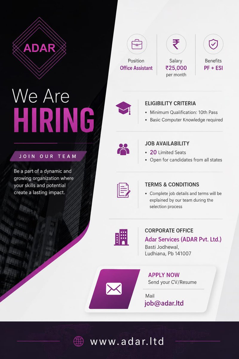 ADAR_Services's tweet photo. We Are  HIRING
Position: Office Assistant
Salary: ₹25,000 per month
Benefits: PF + ESI

📌 Eligibility Criteria:
Minimum Qualification: 10th Pass
Basic Computer Knowledge required

📍 Job Availability:
20 Limited Seats
Open for candidates from all states

📄 Terms &amp; Conditions: https://t.co/rmKZ2AVwSn