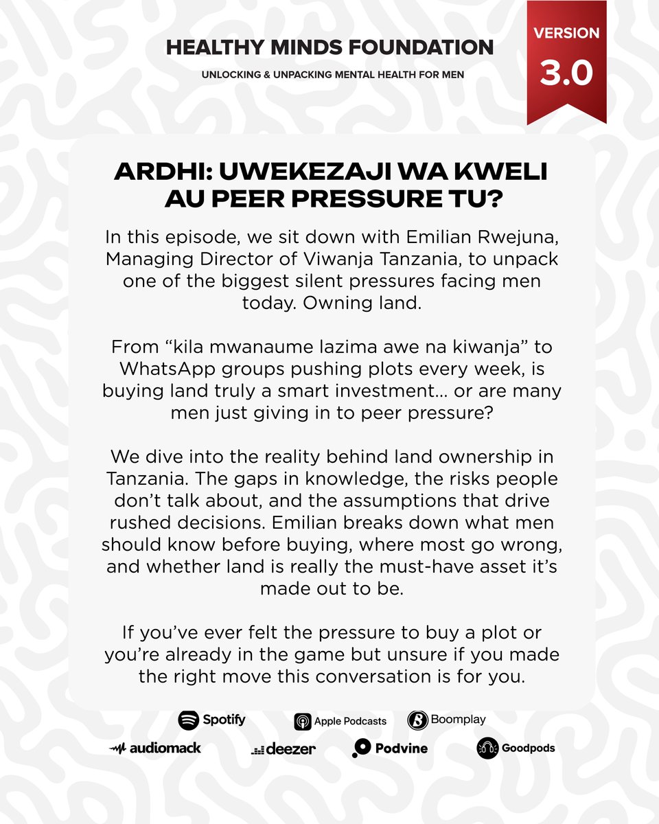 MenThePodcast's tweet photo. ARDHI: UWEKEZAJI AU PEER PRESSURE?
“Lazima uwe na kiwanja” lakini je, ni uwekezaji wa kweli au presha ya jamii?
Tunazungumza na Emilian Rwejuna kuhusu ukweli wa ardhi Tanzania na makosa ya wengi.
Tazama hapa: https://t.co/E9v6PV6mZz
#menpodcast #ardhi #uwekezaji https://t.co/vaCwaBNWbM