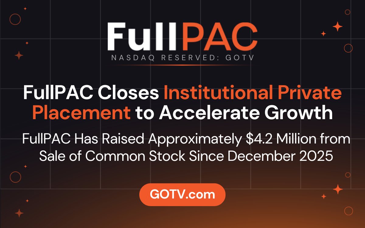 fullpacgotv's tweet photo. FullPAC closed a $2.6 million institutional private placement, bringing total capital raised since December 2025 to approximately $4.2 million.

Nasdaq has reserved the ticker symbol “GOTV” for the company’s proposed listing.

Read more: https://t.co/IQSFs0w5ph #GOTV https://t.co/ChkiK0K8hD