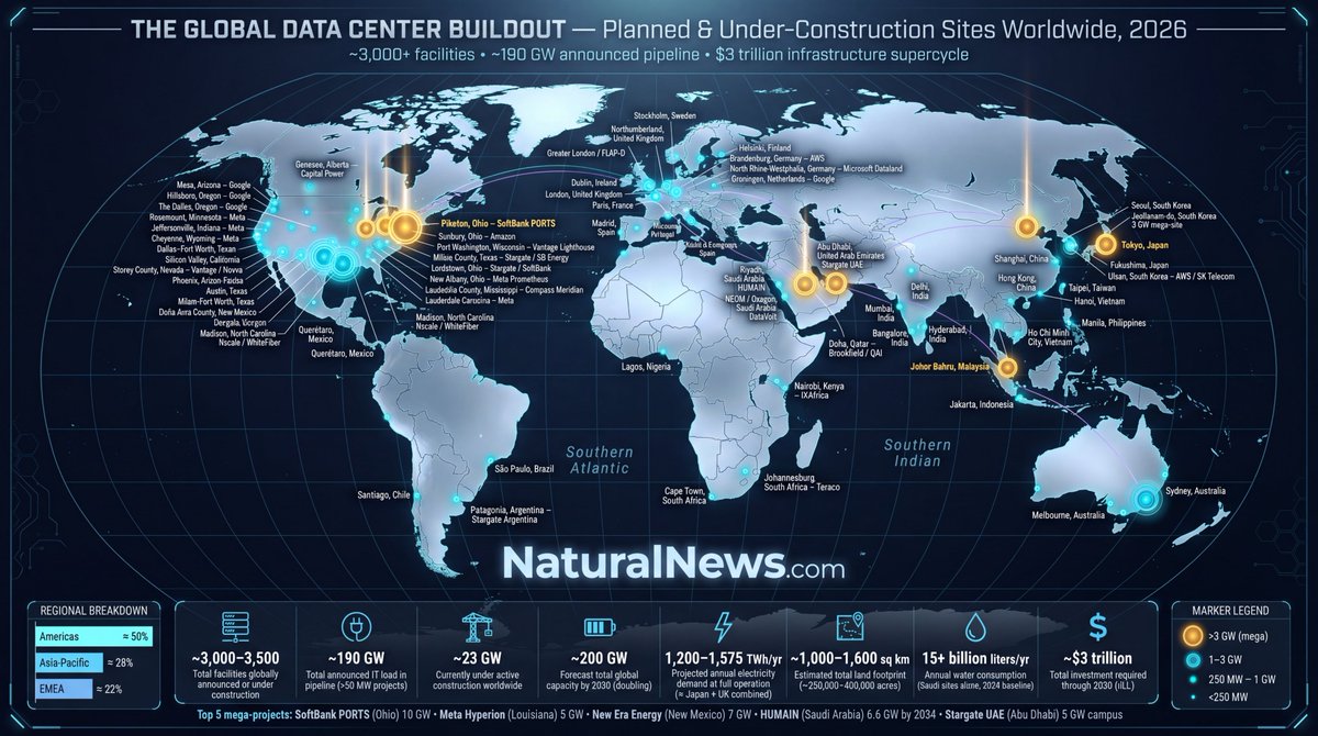 I have put together a remarkable global map of every data center under construction or planned for construction.

It shows a staggering 3,000 - 3,500 data centers being built or already announced to be built, consuming 190 GW of power when completed.

They will consume over 1,000