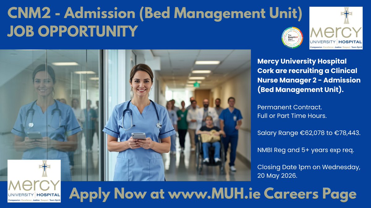 DeeORiordan8's tweet photo. ๐จ #NURSES! #CNM2 โ Admissions (#BedManagement Unit) Job Opportunity with @Mercycork
Perm Contract. Full or Part Time Hours.
Closing Date 1pm Wed, 20 May 2026.
For more details & to apply, see: https://t.co/aWYKzv38tL
#CNM #HSEjobs #PatientFlow #ClinicalNurseManager #NMBI https://t.co/QqgBpGK8y9