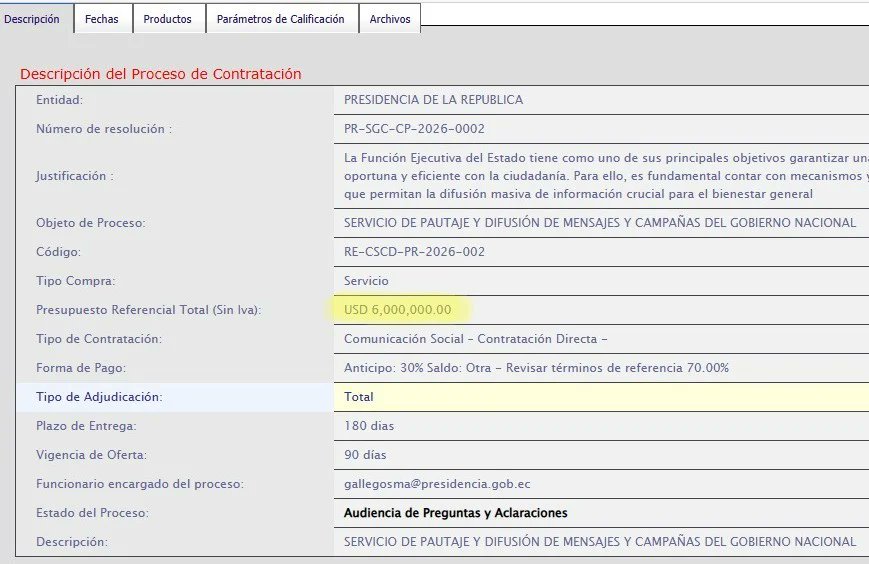‼️#URGENTE
La Presidencia de la República abrió en el Portal de Compras Públicas un nuevo proceso para contratar pauta publicitaria, por USD 6 millones.
Este es el octavo contrato en el Gobierno de Daniel Noboa y el monto total en pauta publicitaria suma USD 32,6 millones.
▶️