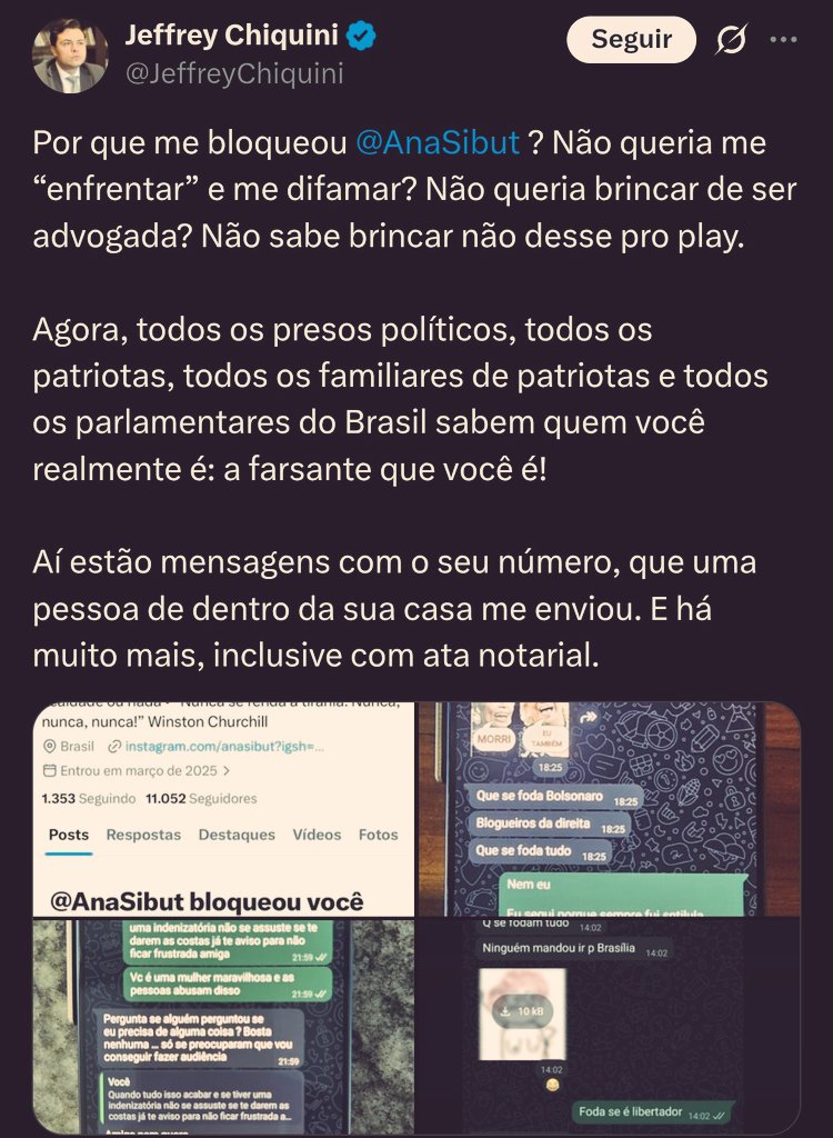O Dr. Chilique, do partido NOJO 🍊, fez uma das coisas mais covardes que alguém pode fazer: vazou conversas privadas para tentar desqualificar a Dra. <a href="/AnaSibut/">Ana Sibut</a>.

Esse sujeito usou Filipe Martins como escada para ganhar relevância.

Enquanto Filipe segue preso, ele ataca a