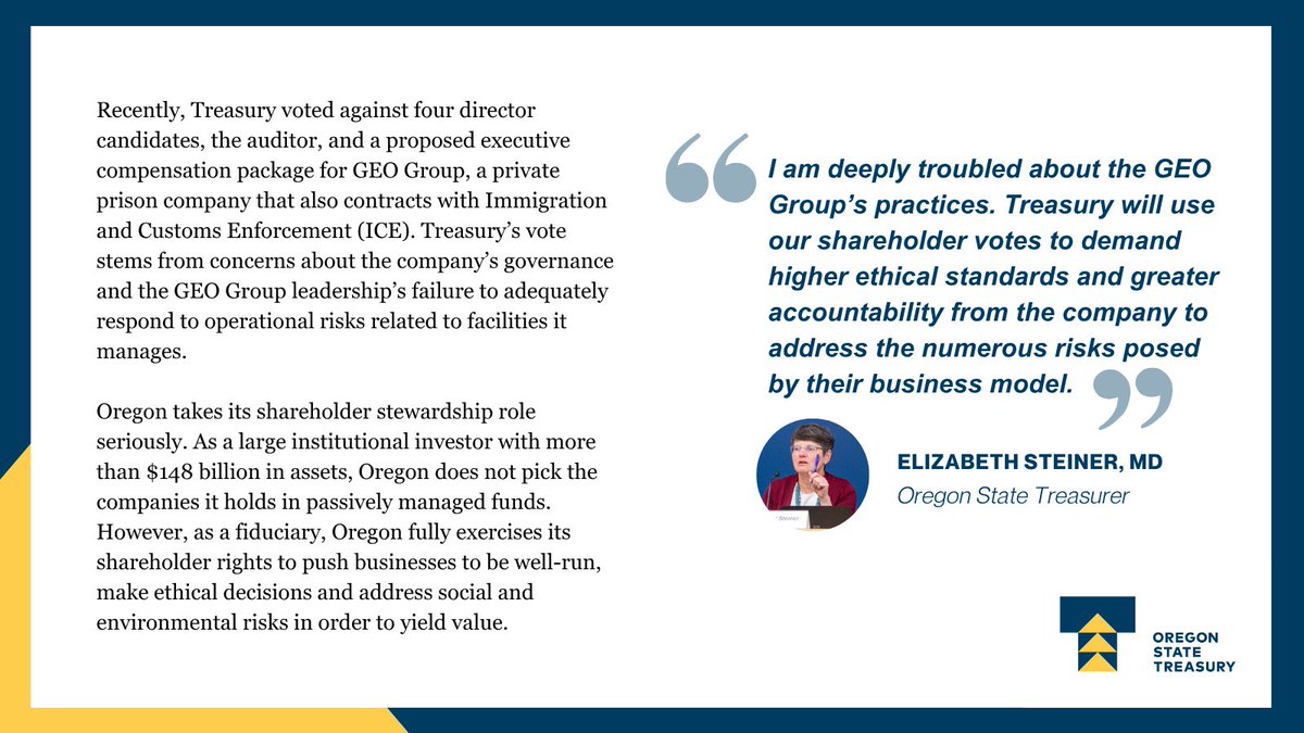 OregonTreasury's tweet photo. Recently, Treasury voted against four director candidates, the auditor, and a proposed executive compensation package for GEO Group, a private prison company that also contracts with Immigration and Customs Enforcement (ICE). https://t.co/ecL6Y7k1hu