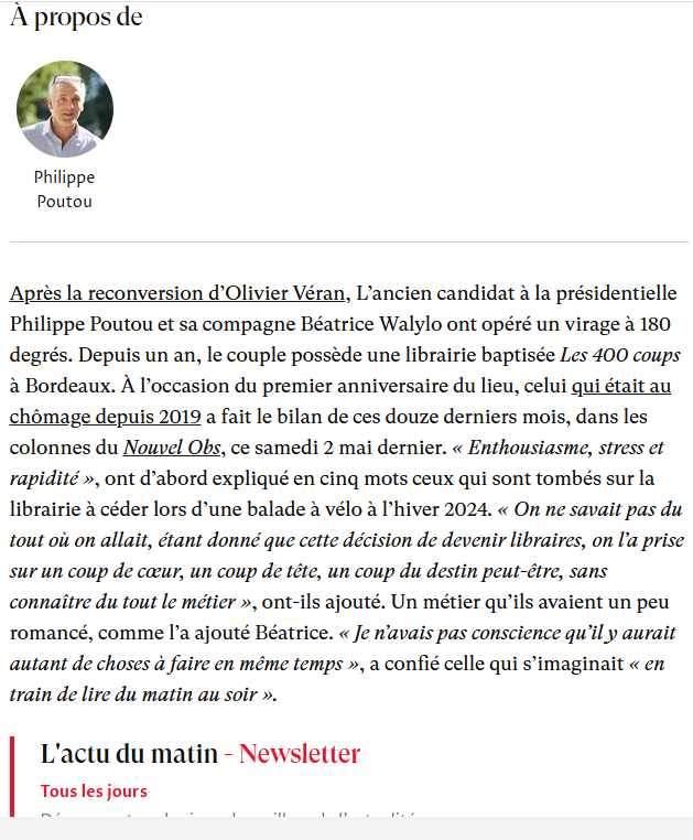 BastienGilles6's tweet photo. « Je n’avais pas conscience qu’il y aurait autant de choses à faire en même temps », a confié celle qui s’imaginait « en train de lire du matin au soir ».

Philippe Poutou : l'anticapitaliste qui a repris une librairie et qui découvre qu'être son propre patron, ce n'est pas faire 35 heures. La prochaine fois, il risque de se plaindre des charges sociales trop élevées.
https://t.co/tO79PwYgRA