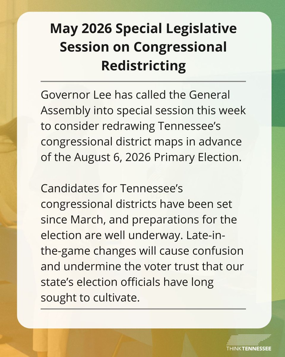 ThinkTN's tweet photo. TN legislators are back in special session this week to consider redrawing congressional districts. With the Aug. 6 election just 10 weeks away, rushed changes risk confusing voters &amp; placing added strain on local election officials. 

#tnelection #redistricting #tnspecialsession https://t.co/cUnQTiZxzw