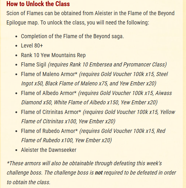Datenshi6699's tweet photo. 🔥How to unlock "Scion of Flames Class"🔥

We can start farming those misc items now!
or wait until the boss challenge out this week.

The challenge boss is NOT required to be defeated in order to obtain the class. 
Good news for players who are not into Ultra/Boss Challenge 😱 https://t.co/UktOpDCoar