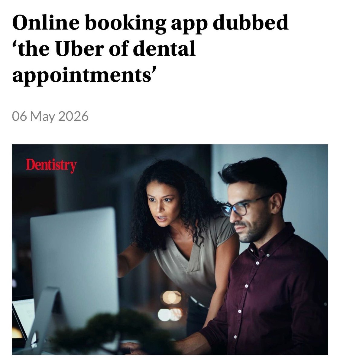 tristantinn's tweet photo. https://t.co/XEQTVGWNSp just called HelpDental the Uber of dental appointments.

"The slots already exist somewhere most days. They sit in 11,000 separate systems and patients can't see them."

Free for patients. Always will be. https://t.co/C2AJuycalz