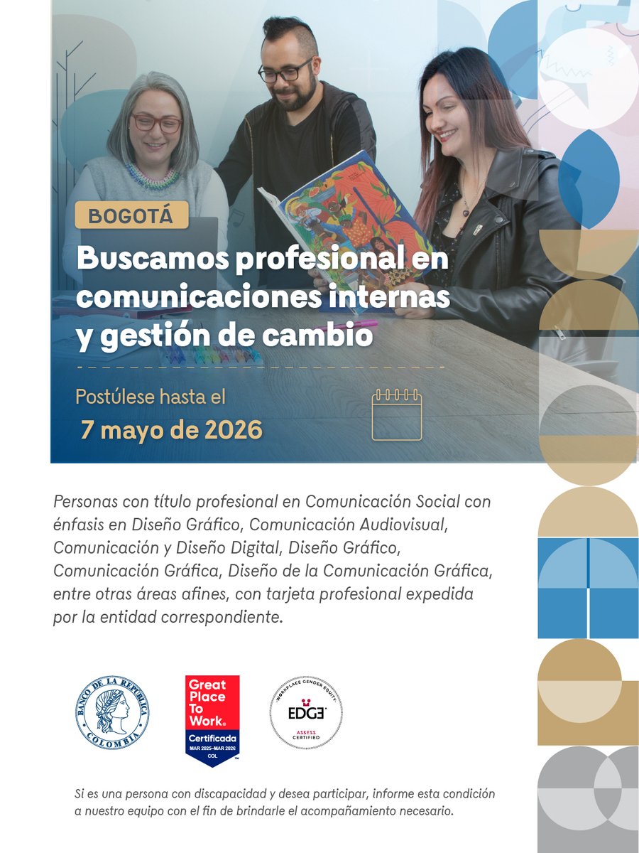 BancoRepublica's tweet photo. ¡Haga parte del #TalentoBanRep y deje huella en Colombia!
Buscamos profesional en comunicaciones internas y gestión de cambio. Postúlese hasta el 7 de mayo de 2026, consulte más información 👉 https://t.co/32Az89aVpd
Importante: Las ofertas de empleo del Banco de la República son completamente gratuitas y no se requiere de intermediarios para acceder o participar en las mismas.