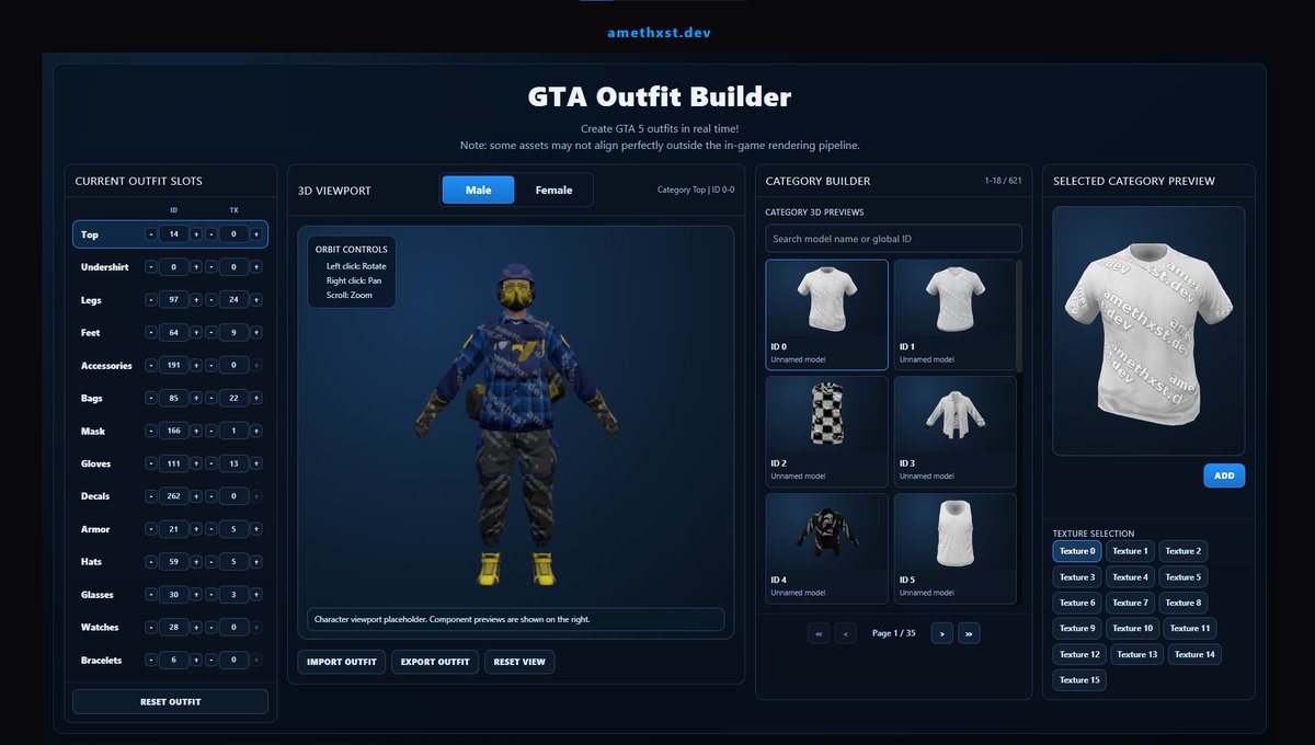 yAmethxst's tweet photo. GTA 3D Outfit Builder is live 🚀

Create and customize GTA V outfits in real time using 3D live previews!

Built to make outfit creation faster, cleaner and way less frustrating for the GTA community.

Of course, it's all free!👀

https://t.co/lGCXcKiS3w https://t.co/5tUPc9Wdii
