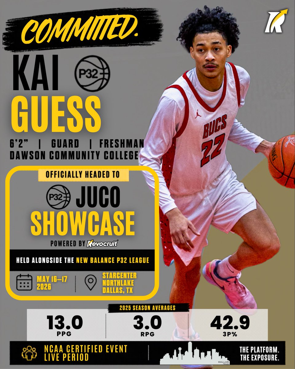 JC4PT's tweet photo. 6’2” freshman guard Kai Guess of Dawson Community College is officially locked in for the P32 JUCO Showcase in Dallas, TX.

Guess averaged 13.0 points, 3.0 rebounds, and 1.4 assists while shooting 51% from the field and 42.9% from three — one of the top freshmen in the country. An efficient scoring guard who can really stretch the floor.

College coaches — if you’re deciding where to go during the live period and want to save time, the P32 JUCO Showcase, powered by Revocruit, is the place to be.

📍May 16–17 | Star Center Multi-Sport | NCAA Certified

Track his résumé now on the Revocruit software.