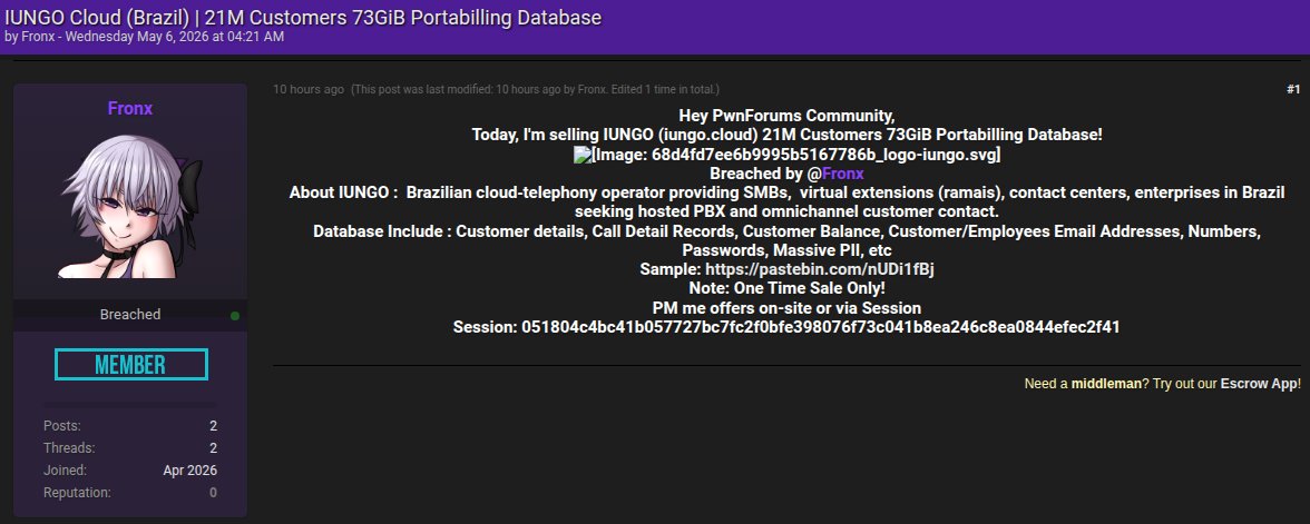 whiteintel_io's tweet photo. A threat actor is selling a 73GB database allegedly belonging to IUNGO Cloud, a Brazilian cloud-telephony provider containing 21 million customer records.

The dataset includes PII, call detail records, customer account balances, email addresses, phone numbers, and passwords. It's being offered as a one-time exclusive sale.

Telecom providers are high-value targets. Call records reveal who you talk to, when, and for how long. Combined with account credentials, that's a complete profile.