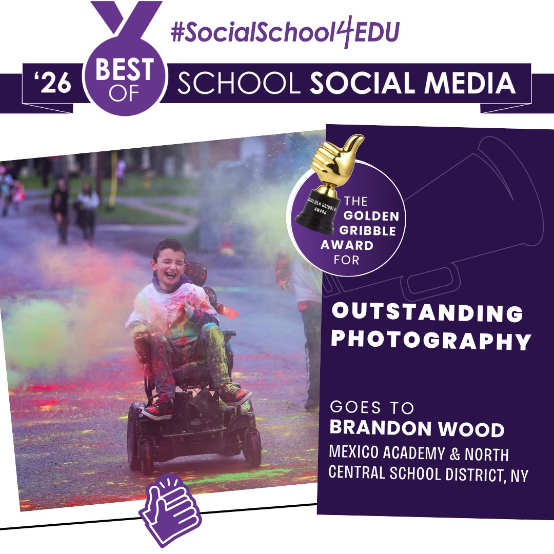andreagribble's tweet photo. Just announced... 🥁🥁🥁

The 2026 Best of School Social Media Award for "Outstanding Photography" goes to Brandon Wood of Mexico Academy &amp; Central School District in New York! 🏆

Congratulations, Brandon! 🎉

#SchoolPR #SocialSchool4EDU https://t.co/Tu1O9Wq6aw