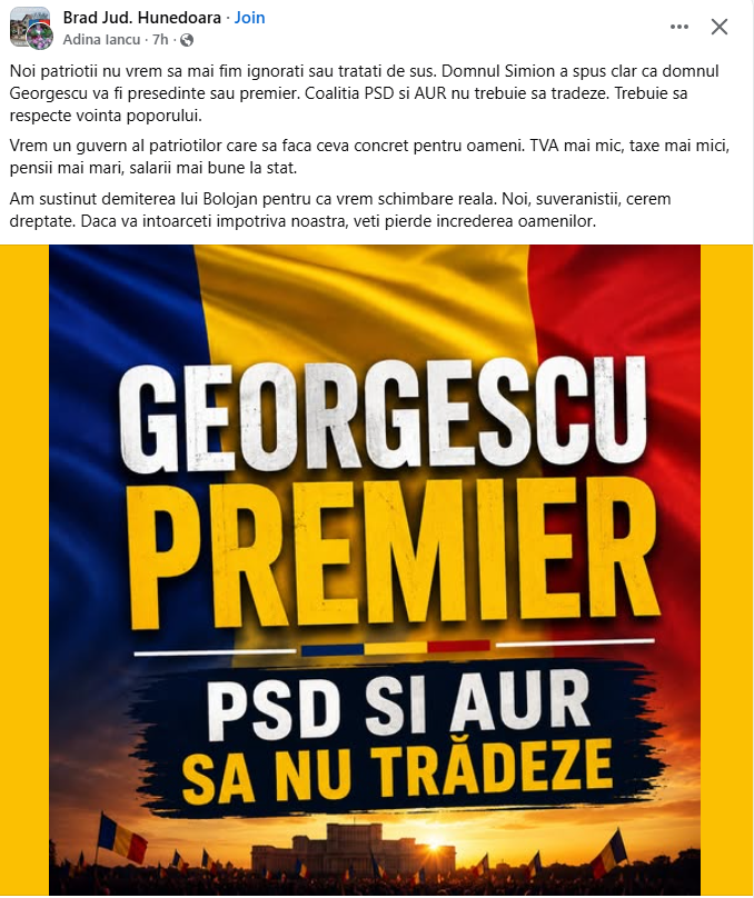 Se pare că suveraniştii s-au împăcat deja cu alianţa PSD-AUR, nu e nimic rău aici, ce contează că PSD=sistem şi că PSD = cei care au anulat alegerile din 2024. Trecem cu vederea, nu e bai! Numai să nu trădeze! :D