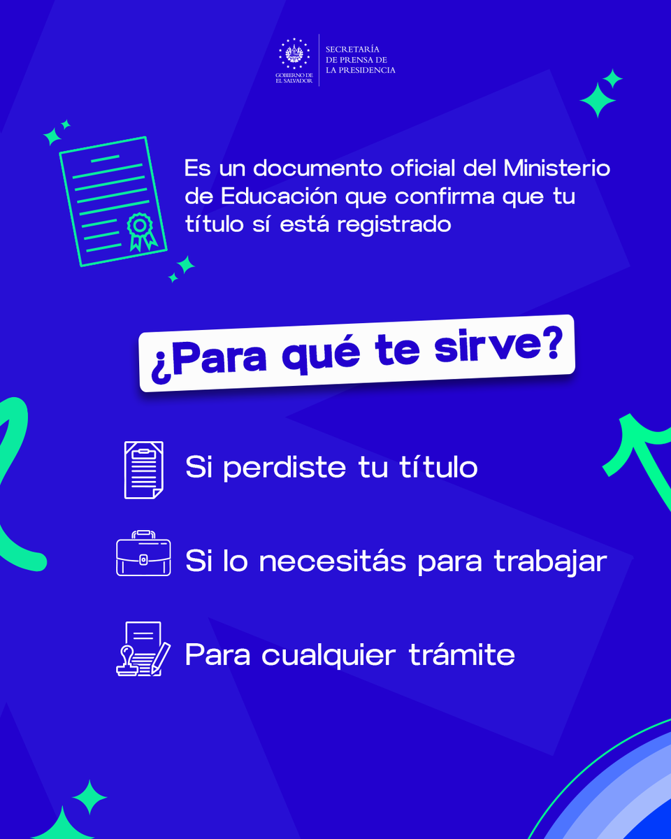 SecPrensaSV's tweet photo. #SimpleSV | Ahora es fácil solicitar en línea la certificación del título de bachillerato, un documento oficial del Ministerio de @EducacionSV que confirma que está debidamente registrado. Es un trámite ágil en el sitio web: https://t.co/1HWoNQWEvd. #SecretaríaDePrensa https://t.co/lKt8T98CpX
