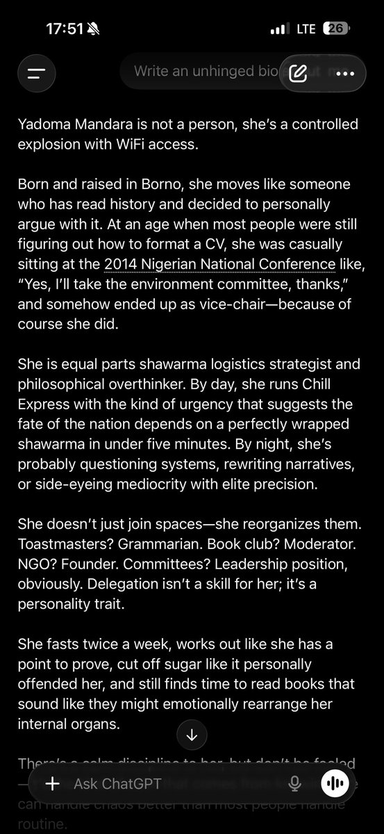 Yadomah's tweet photo. Told ChatGPT to write an unhinged bio about me. 

Let’s see yours 🙃 https://t.co/xpw6jyEOVH