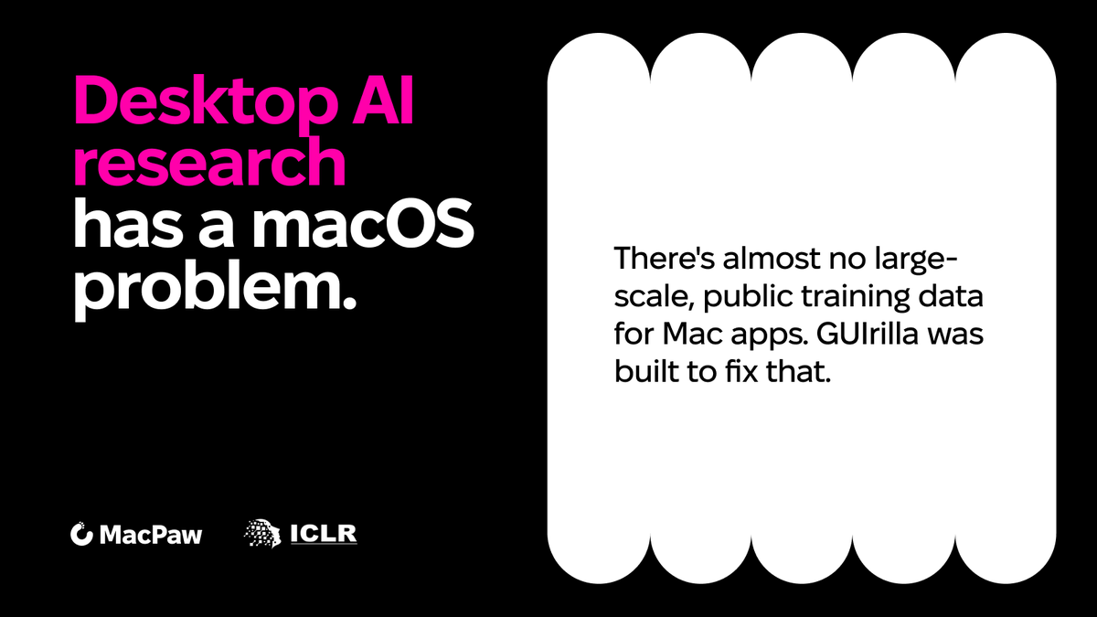 MacPawResearch's tweet photo. MacPaw Research presented GUIrilla at ICLR 2026 in Rio — the team's first paper at a top ML conference. Open-source tools for Mac AI research that didn't exist before are now freely available 🤩

Want to dig deeper? Read the full paper → https://t.co/jgIqni9Wry https://t.co/uXpOOnSFOe