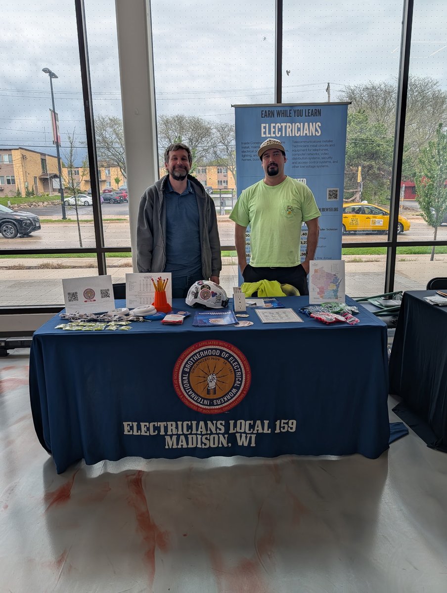 IBEWLocal159's tweet photo. Business Agent Mitch and Apprentice Alejandro attended the All Trades Career Fair at presented by Urban League of Greater Madison where they spoke with attendees about career opportunities in the union electrical trade. https://t.co/lGP7BcDApT