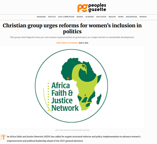 AFJN_DC's tweet photo. @AFJN and @Afjn_nigeria's recent advocacy work on women representation in Nigeria was featured in the "Christian group urges reforms for women’s inclusion in politics" article in Peoples Gazette. Read it here: https://t.co/5dvCdH3ARa https://t.co/k5DdUpuTPX